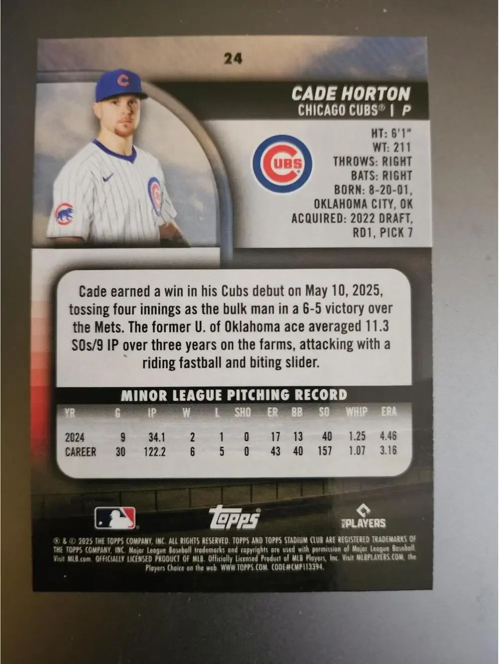 Cade Horton (RC) 2025 Stadium Club  #24 - Chicago Cubs - RAW Mint